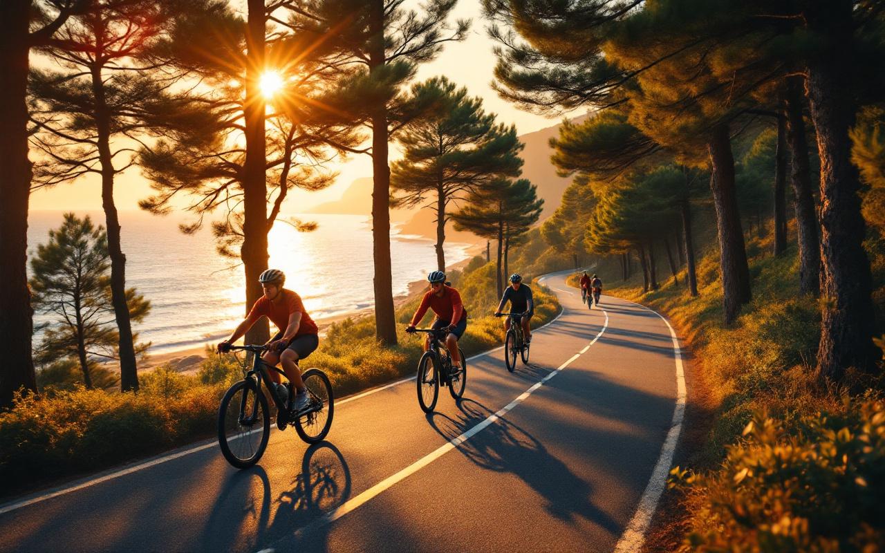 Des cyclistes longent un sentier côtier bordé de pins avec vue sur la mer au coucher du soleil, lumière dorée filtrant entre les arbres, ombres douces et léger flou de mouvement.