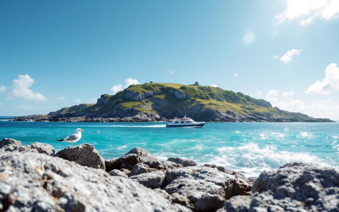 Petit ferry approchant une île bretonne paisible sous un ciel bleu clair, eau calme turquoise, côte granitique, quelques mouettes en vol, lumière douce et volumétrique, sillage discret derrière le bateau.