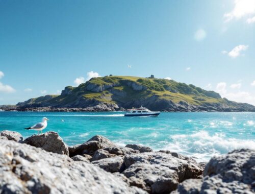 Petit ferry approchant une île bretonne paisible sous un ciel bleu clair, eau calme turquoise, côte granitique, quelques mouettes en vol, lumière douce et volumétrique, sillage discret derrière le bateau.