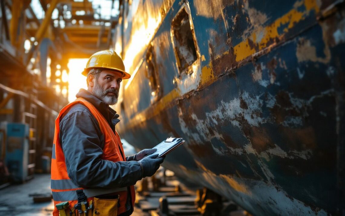 Un expert maritime inspecte la coque d'un bateau dans un bassin de radoub. Il porte un casque et un gilet de sécurité, tient un carnet et des outils, tandis qu'on voit des échafaudages, de la peinture écaillée et des traces de rouille, éclairés par une lumière dorée de fin de journée.