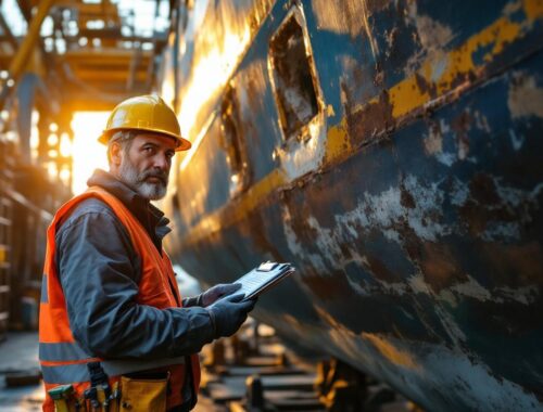 Un expert maritime inspecte la coque d'un bateau dans un bassin de radoub. Il porte un casque et un gilet de sécurité, tient un carnet et des outils, tandis qu'on voit des échafaudages, de la peinture écaillée et des traces de rouille, éclairés par une lumière dorée de fin de journée.