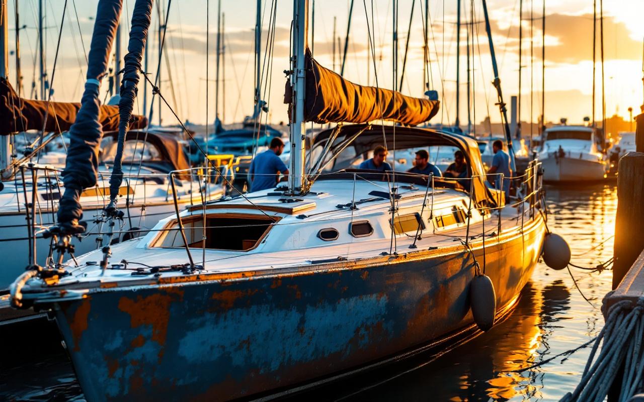 Voilier d'occasion amarré dans une marina pendant une vérification technique, coque usée et traces de rouille, pont ouvert avec outils, techniciens examinant la mâture et le moteur, reflets sur l'eau, lumière douce de coucher de soleil
