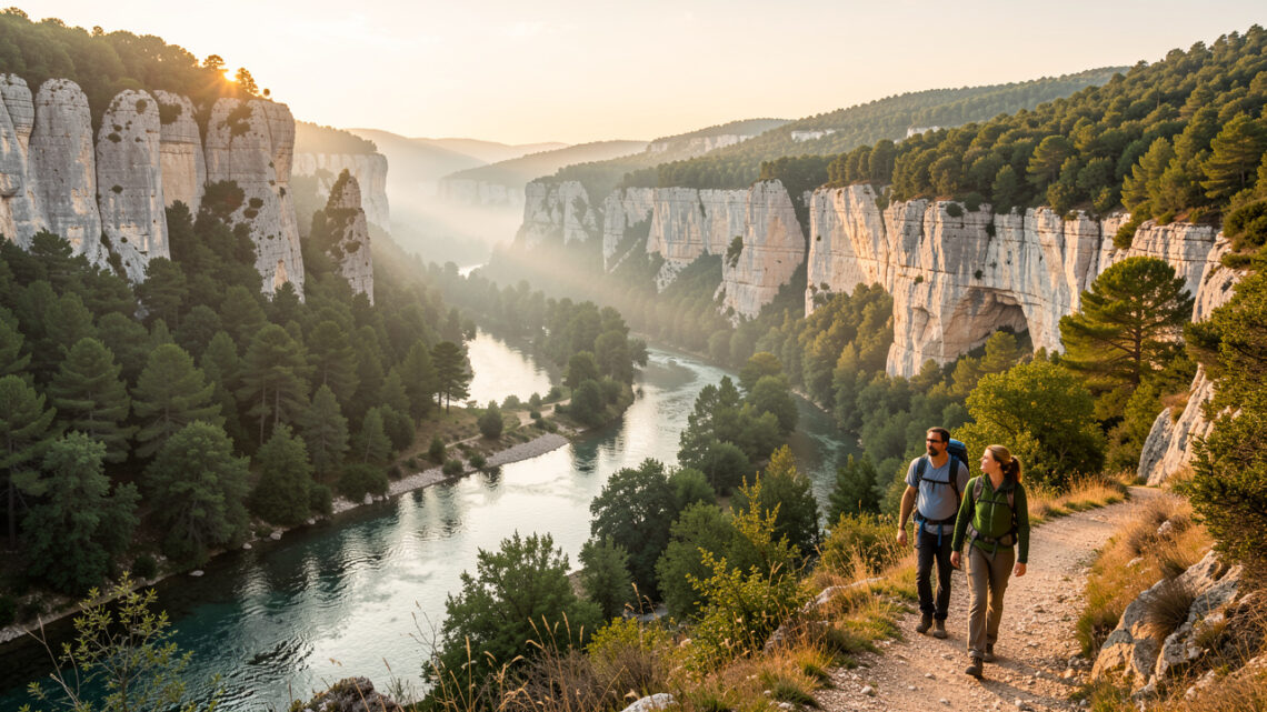 Panorama naturel de l’Ardèche avec une rivière sinueuse, des falaises calcaires, une forêt méditerranéenne et deux randonneurs sur un sentier au lever du soleil.