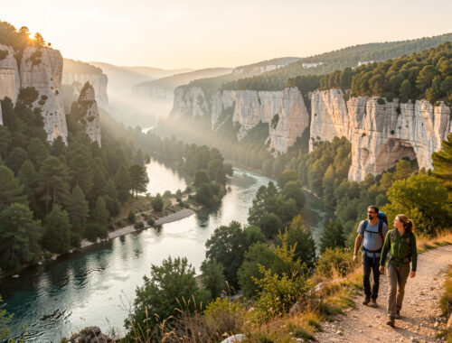 Panorama naturel de l’Ardèche avec une rivière sinueuse, des falaises calcaires, une forêt méditerranéenne et deux randonneurs sur un sentier au lever du soleil.