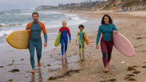 Un homme, une femme et deux enfants en combinaisons néoprène marchent sur la plage de Biarritz avec des planches de surf en mousse, face aux vagues douces de l’Atlantique en automne.